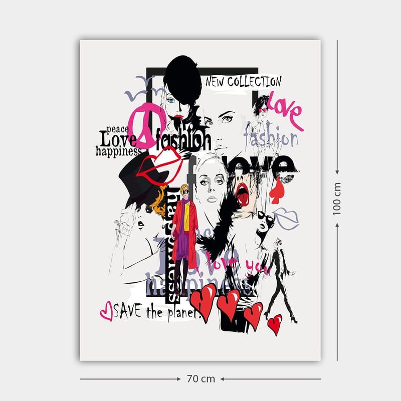 Canvastavla 70x100 cm - Färgglad och modern collage av modeikoner och uttryck för kärlek och fred - Rosa / Svart / Röd - Inredning - Tavlor & posters - Canvastavla