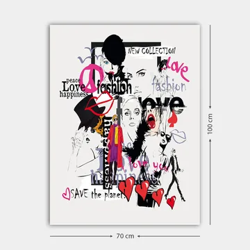 Canvastavla 70x100 cm - Färgglad och modern collage av modeikoner och uttryck för kärlek och fred - Rosa / Svart / Röd - Inredning - Tavlor & posters - Canvastavla