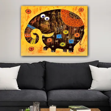Canvastavla 70x100 cm - Färgglad och stiliserad elefant med mönster och detaljer - Mörkbrun / Orange / Gul - Inredning - Tavlor & posters - Canvastavla