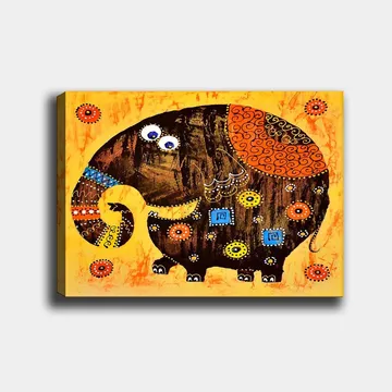 Canvastavla 70x100 cm - Färgglad och stiliserad elefant med mönster och detaljer - Mörkbrun / Orange / Gul - Inredning - Tavlor & posters - Canvastavla
