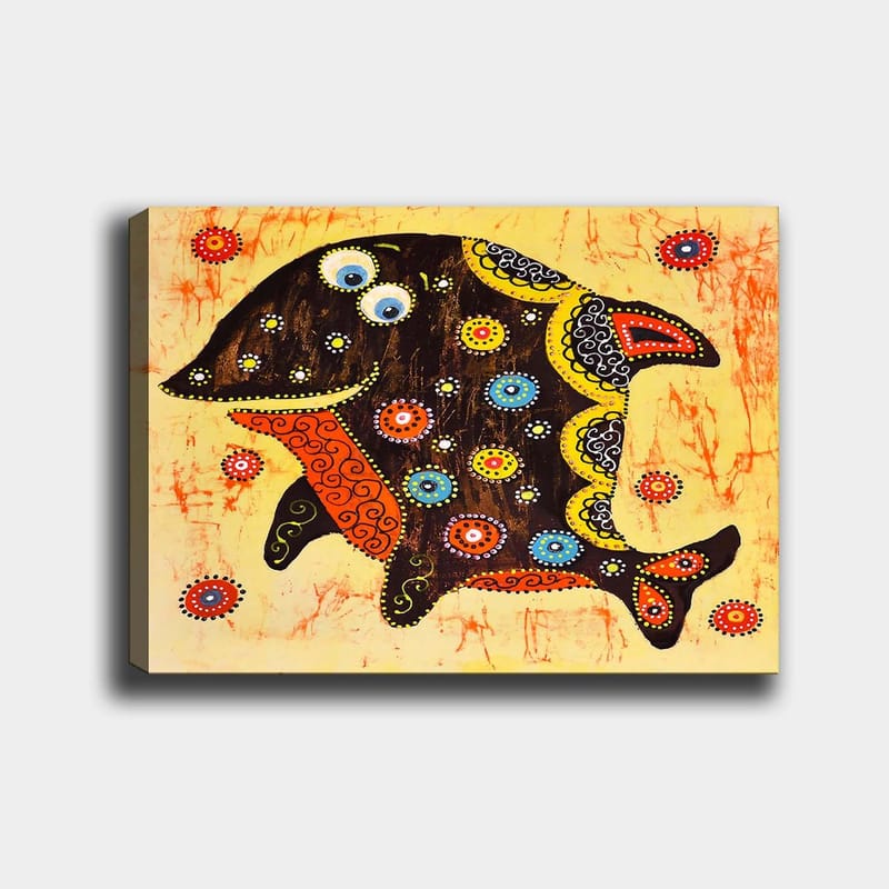 Canvastavla 70x100 cm - Färgglad och stiliserad fisk med mönster och detaljer i olika färger, Svart / Orange / Gul