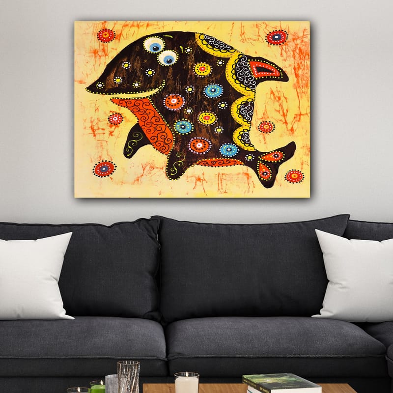 Canvastavla 70x100 cm - Färgglad och stiliserad fisk med mönster och detaljer i olika färger - Svart / Orange / Gul - Inredning - Tavlor & posters - Canvastavla