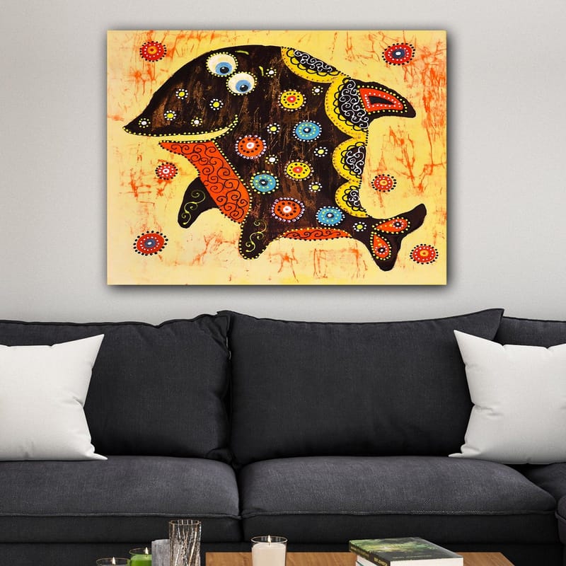 Canvastavla 70x100 cm - Färgglad och stiliserad fisk med mönster och detaljer i olika färger - Svart / Orange / Gul - Inredning - Tavlor & posters - Canvastavla