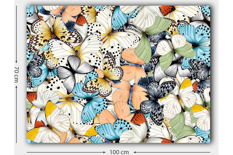 Canvastavla 70x100 cm - Färgglad samling av fjärilar i olika mönster och färger - Blå / Vit / Orange - Inredning - Tavlor & posters - Canvastavla