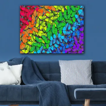 Canvastavla 70x100 cm - Färgglad samling av fjärilar i olika nyanser som skapar en livfull och harmonisk komposition - Grön / Blå / Orange - Inredning - Tavlor & posters - Canvastavla