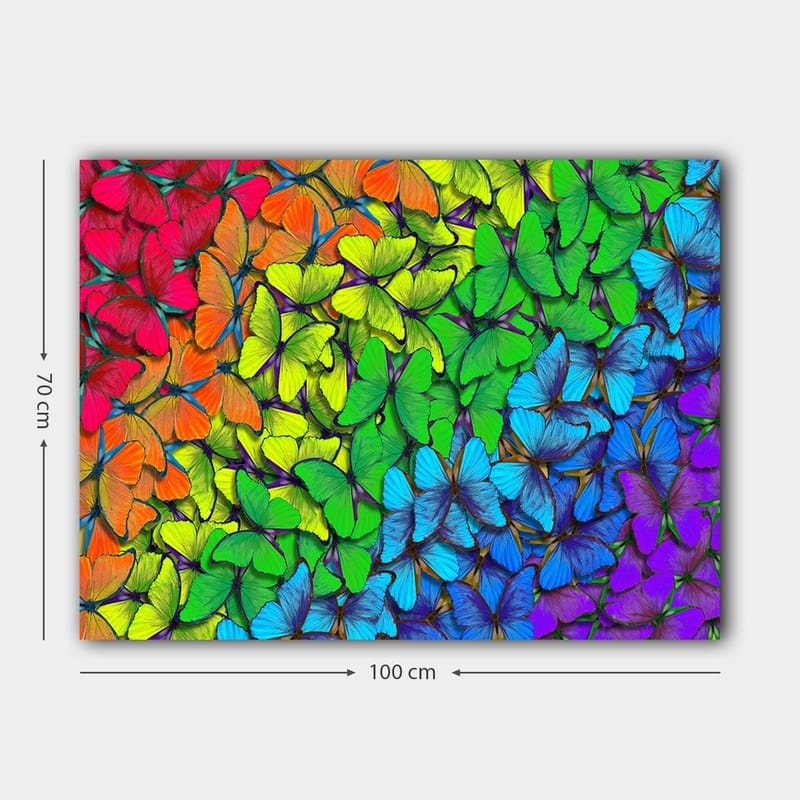 Canvastavla 70x100 cm - Färgglad samling av fjärilar i olika nyanser som skapar en livfull och harmonisk komposition - Grön / Blå / Orange - Inredning - Tavlor & posters - Canvastavla