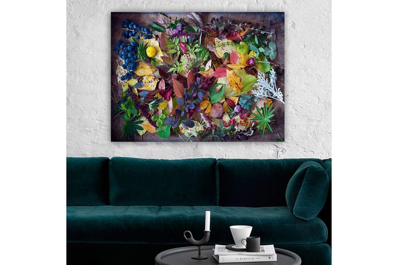 Canvastavla 70x100 cm - Färgglad samling av höstlöv och bär - Grön / Röd / Gul - Inredning - Tavlor & posters - Canvastavla