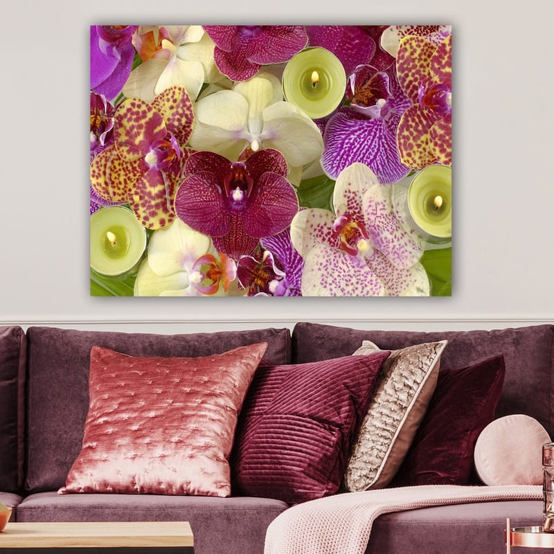 Canvastavla 70x100 cm - Färgglad samling av orkidéer i olika nyanser och former - Lila / Vit / Gul - Inredning - Tavlor & posters - Canvastavla