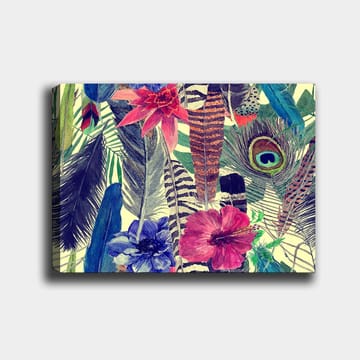 Canvastavla 70x100 cm - Färgglad samling av tropiska blommor och fjädrar - Grön / Rosa / Blå - Inredning - Tavlor & posters - Canvastavla