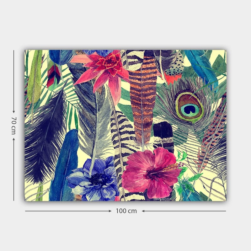 Canvastavla 70x100 cm - Färgglad samling av tropiska blommor och fjädrar - Grön / Rosa / Blå - Inredning - Tavlor & posters - Canvastavla