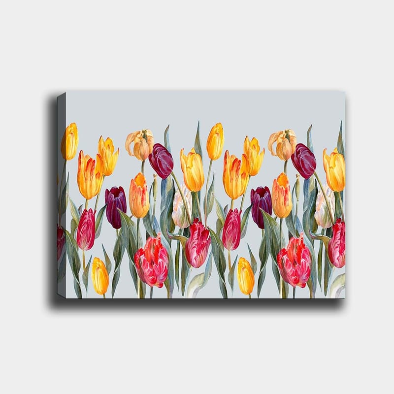 Canvastavla 70x100 cm - Färgglad samling av tulpaner i olika nyanser, Gul / Röd / Lila