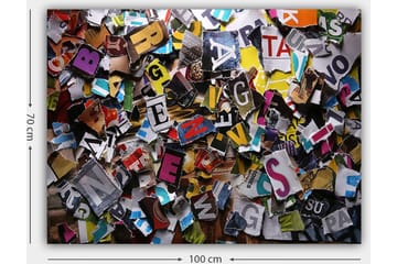 Canvastavla 70x100 cm - Färgglad samling av utskurna bokstäver och ord i olika typsnitt och storlekar - Gul / Röd / Blå - Inredning - Tavlor & posters - Canvastavla
