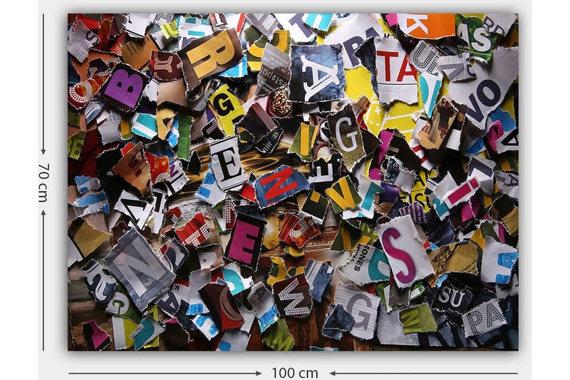 Canvastavla 70x100 cm - Färgglad samling av utskurna bokstäver och ord i olika typsnitt och storlekar - Gul / Röd / Blå - Inredning - Tavlor & posters - Canvastavla