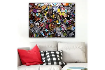 Canvastavla 70x100 cm - Färgglad samling av utskurna bokstäver och ord i olika typsnitt och storlekar - Gul / Röd / Blå - Inredning - Tavlor & posters - Canvastavla