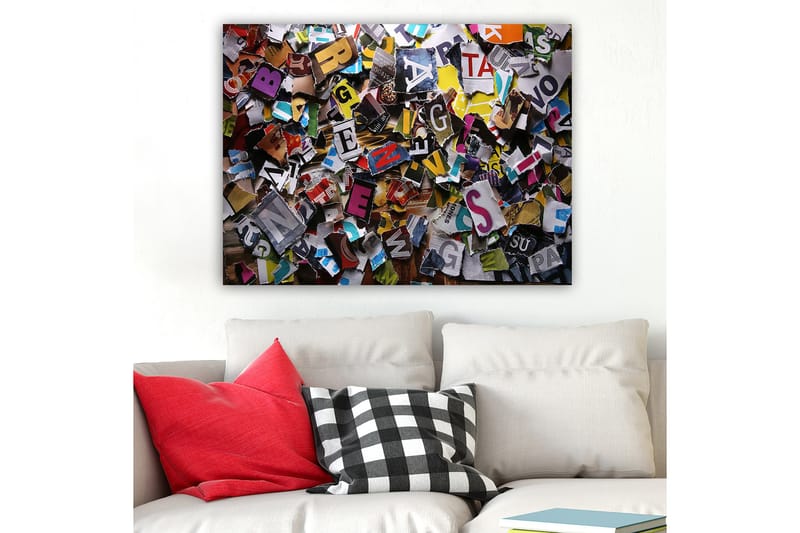 Canvastavla 70x100 cm - Färgglad samling av utskurna bokstäver och ord i olika typsnitt och storlekar - Gul / Röd / Blå - Inredning - Tavlor & posters - Canvastavla