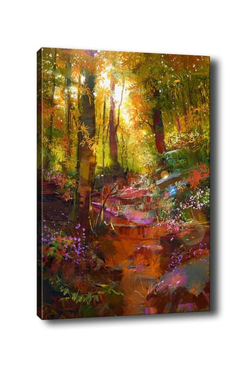 Canvastavla 70x100 cm - Färgglad skogsscen med en slingrande stig och blommor som blomstrar i ljuset - Grön / Orange / Lila - Inredning - Tavlor & posters - Canvastavla