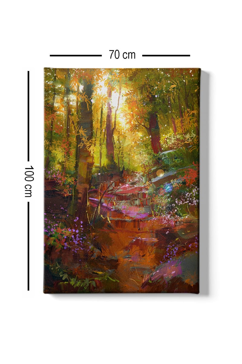 Canvastavla 70x100 cm - Färgglad skogsscen med en slingrande stig och blommor som blomstrar i ljuset - Grön / Orange / Lila - Inredning - Tavlor & posters - Canvastavla