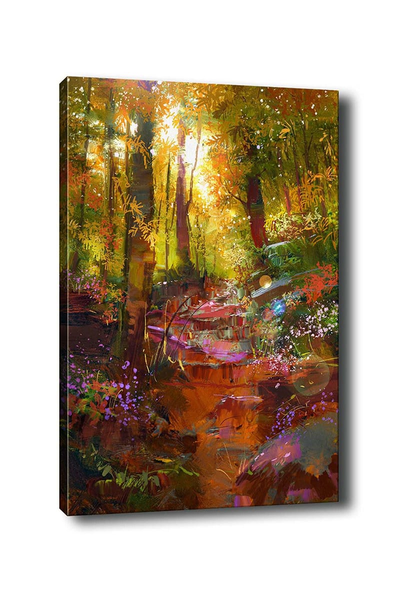 Canvastavla 70x100 cm - Färgglad skogsscen med en slingrande stig och blommor som blomstrar i ljuset, Grön / Orange / Lila