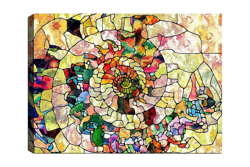Canvastavla 70x100 cm - Färgglad snäcka med geometriska mönster och spiralformade detaljer, Grön / Röd / Gul