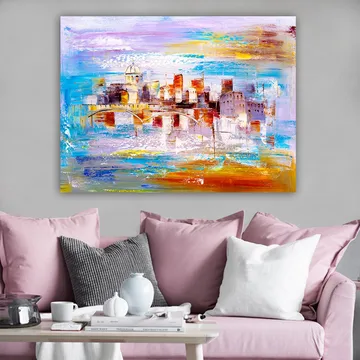 Canvastavla 70x100 cm - Färgglad stadsbild med en bro som sträcker sig över en vattenyta - Blå / Orange / Lila - Inredning - Tavlor & posters - Canvastavla