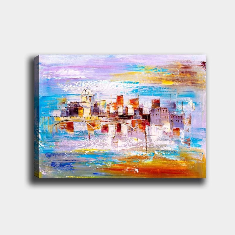 Canvastavla 70x100 cm - Färgglad stadsbild med en bro som sträcker sig över en vattenyta, Blå / Orange / Lila