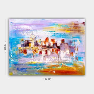 Canvastavla 70x100 cm - Färgglad stadsbild med en bro som sträcker sig över en vattenyta - Blå / Orange / Lila - Inredning - Tavlor & posters - Canvastavla