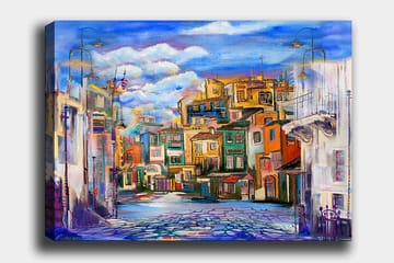 Canvastavla 70x100 cm - Färgglad stadsbild med hus i olika nyanser och en klar himmel - Blå / Grön / Orange - Inredning - Tavlor & posters - Canvastavla