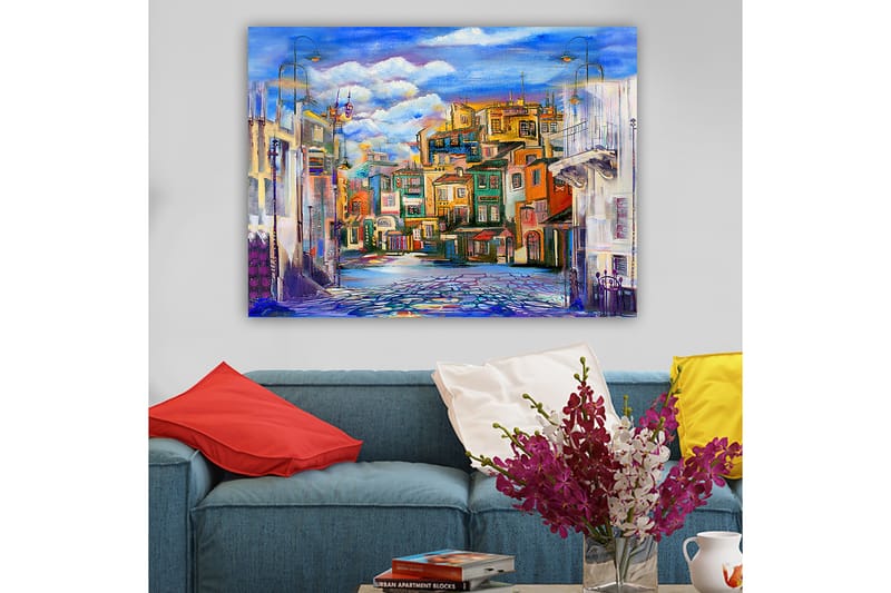 Canvastavla 70x100 cm - Färgglad stadsbild med hus i olika nyanser och en klar himmel - Blå / Grön / Orange - Inredning - Tavlor & posters - Canvastavla