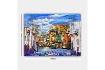 Canvastavla 70x100 cm - Färgglad stadsbild med hus i olika nyanser och en klar himmel - Blå / Grön / Orange - Inredning - Tavlor & posters - Canvastavla