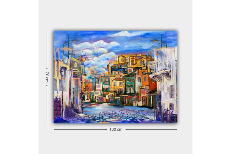 Canvastavla 70x100 cm - Färgglad stadsbild med hus i olika nyanser och en klar himmel - Blå / Grön / Orange - Inredning - Tavlor & posters - Canvastavla