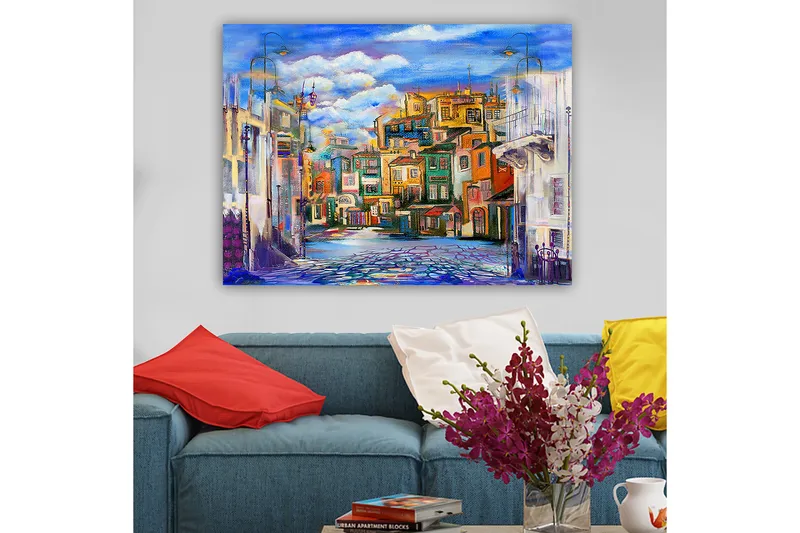 Canvastavla 70x100 cm - Färgglad stadsbild med hus i olika nyanser och en klar himmel - Blå / Grön / Orange - Inredning - Tavlor & posters - Canvastavla