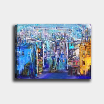 Canvastavla 70x100 cm - Färgglad stadsbild med hus i olika nyanser och träd under en regnig himmel - Blå / Gul / Lila - Inredning - Tavlor & posters - Canvastavla