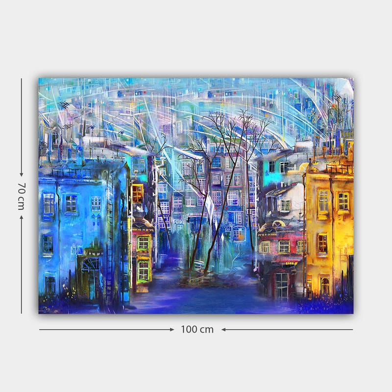 Canvastavla 70x100 cm - Färgglad stadsbild med hus i olika nyanser och träd under en regnig himmel - Blå / Gul / Lila - Inredning - Tavlor & posters - Canvastavla
