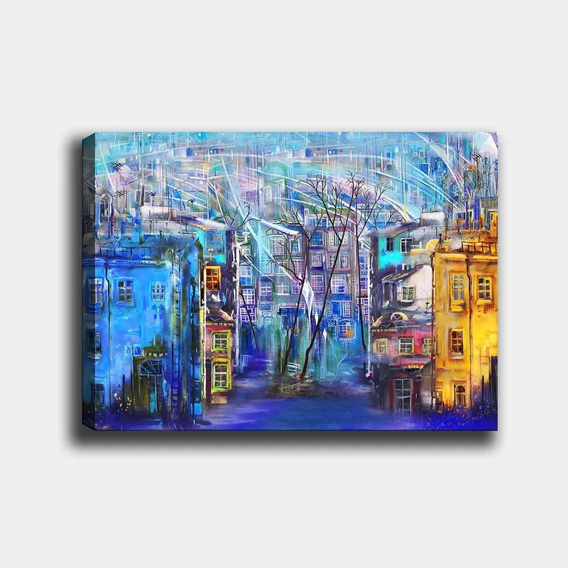 Canvastavla 70x100 cm - Färgglad stadsbild med hus i olika nyanser och träd under en regnig himmel, Blå / Gul / Lila