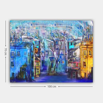 Canvastavla 70x100 cm - Färgglad stadsbild med hus i olika nyanser och träd under en regnig himmel - Blå / Gul / Lila - Inredning - Tavlor & posters - Canvastavla