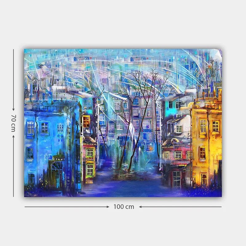 Canvastavla 70x100 cm - Färgglad stadsbild med hus i olika nyanser och träd under en regnig himmel - Blå / Gul / Lila - Inredning - Tavlor & posters - Canvastavla