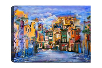 Canvastavla 70x100 cm - Färgglad stadsbild med hus i olika nyanser som skapar en livlig atmosfär - Gult / Grönt / Blått - Inredning - Tavlor & posters - Canvastavla