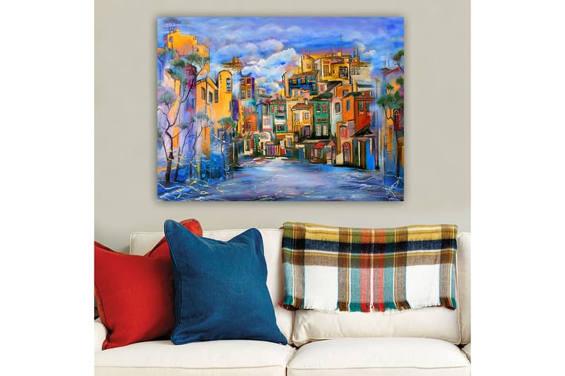Canvastavla 70x100 cm - Färgglad stadsbild med hus i olika nyanser som skapar en livlig atmosfär - Gult / Grönt / Blått - Inredning - Tavlor & posters - Canvastavla