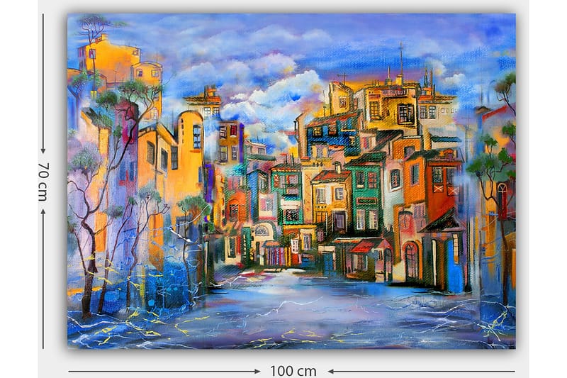 Canvastavla 70x100 cm - Färgglad stadsbild med hus i olika nyanser som skapar en livlig atmosfär - Gult / Grönt / Blått - Inredning - Tavlor & posters - Canvastavla