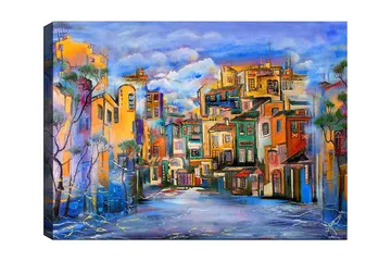 Canvastavla 70x100 cm - Färgglad stadsbild med hus i olika nyanser som skapar en livlig atmosfär - Gult / Grönt / Blått - Inredning - Tavlor & posters - Canvastavla