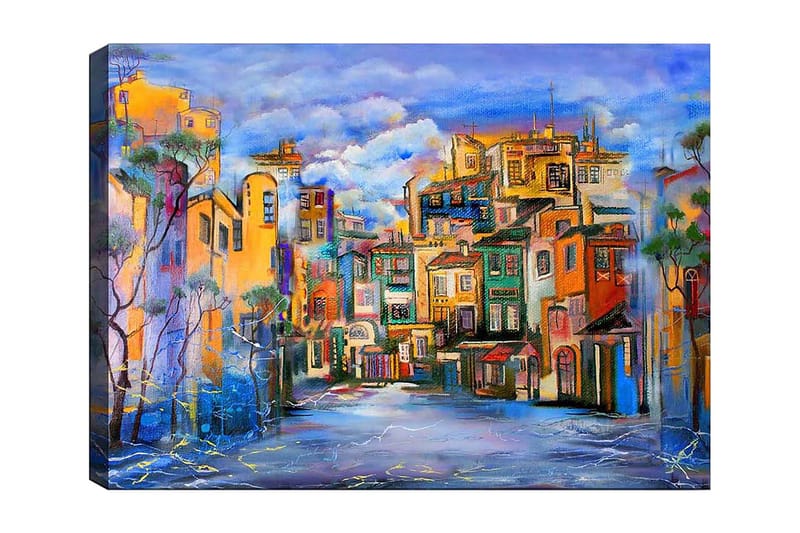 Canvastavla 70x100 cm - Färgglad stadsbild med hus i olika nyanser som skapar en livlig atmosfär, Gult / Grönt / Blått