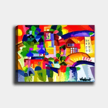 Canvastavla 70x100 cm - Färgglad stadsscen med torn och byggnader under en solig himmel - Röd / Grön / Blå - Inredning - Tavlor & posters - Canvastavla