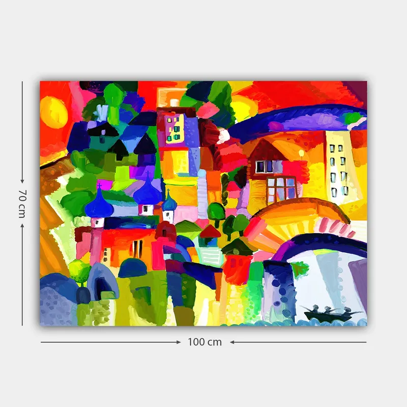 Canvastavla 70x100 cm - Färgglad stadsscen med torn och byggnader under en solig himmel - Röd / Grön / Blå - Inredning - Tavlor & posters - Canvastavla