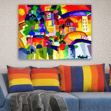 Canvastavla 70x100 cm - Färgglad stadsscen med torn och byggnader under en solig himmel - Röd / Grön / Blå - Inredning - Tavlor & posters - Canvastavla