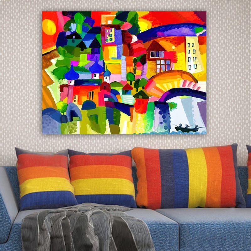 Canvastavla 70x100 cm - Färgglad stadsscen med torn och byggnader under en solig himmel - Röd / Grön / Blå - Inredning - Tavlor & posters - Canvastavla