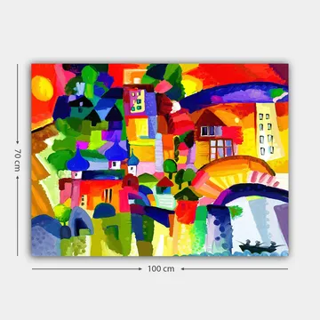 Canvastavla 70x100 cm - Färgglad stadsscen med torn och byggnader under en solig himmel - Röd / Grön / Blå - Inredning - Tavlor & posters - Canvastavla