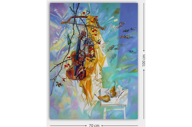 Canvastavla 70x100 cm - Färgglad stilleben med kläder hängande på en galge, omgiven av frukt och blommor - Gul / Blå / Grön - Inredning - Tavlor & posters - Canvastavla