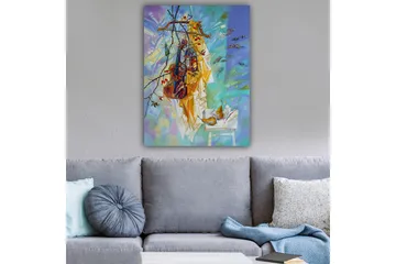 Canvastavla 70x100 cm - Färgglad stilleben med kläder hängande på en galge, omgiven av frukt och blommor - Gul / Blå / Grön - Inredning - Tavlor & posters - Canvastavla