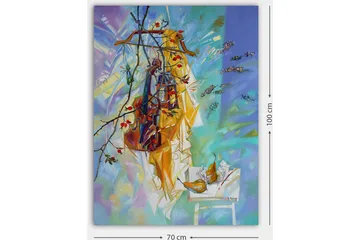 Canvastavla 70x100 cm - Färgglad stilleben med kläder hängande på en galge, omgiven av frukt och blommor - Gul / Blå / Grön - Inredning - Tavlor & posters - Canvastavla