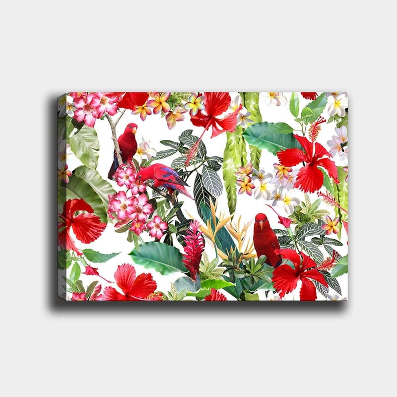 Canvastavla 70x100 cm - Färgglad tropisk flora med röda papegojor och blommor, Röd / Grön / Rosa